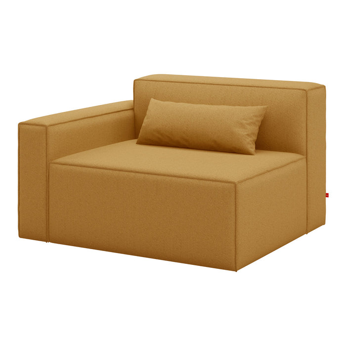 Sleek mustard yellow armchair with a minimalist design and a matching rectangular pillow. Soft, textured fabric finish.