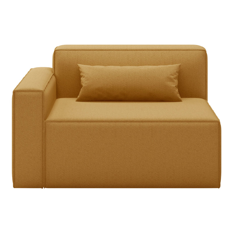 Modern mustard yellow sofa with a clean, minimalist design and textured fabric, featuring a matching pillow.