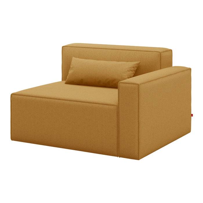 Cozy mustard yellow armchair with a simple, modern design and a soft, matching pillow.