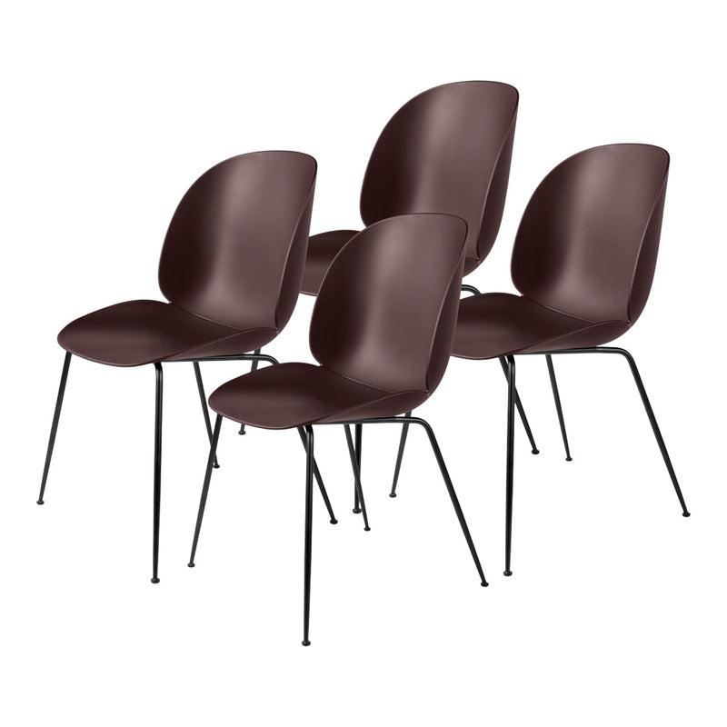 Set of four sleek, dark brown chairs with smooth curves and black metal legs, perfect for modern dining spaces.
