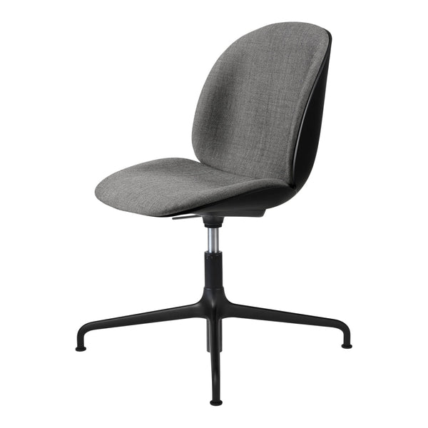 Gray upholstered chair with a smooth, minimalist design and a black metal base. Ideal for modern decor.