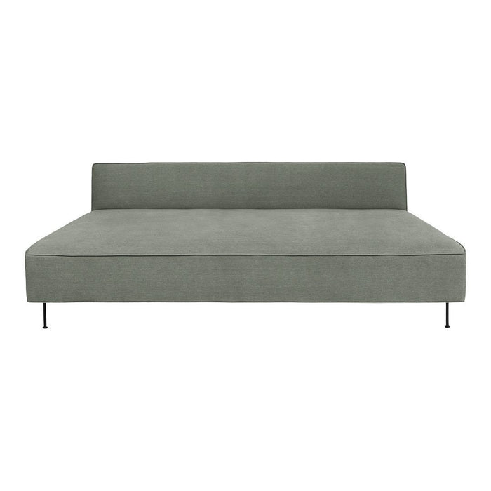 Sleek, modern sofa in muted green fabric with a solid pattern and minimalist metal legs. Perfect for contemporary decor.