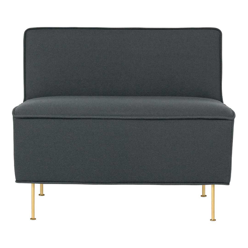 "Solid charcoal gray fabric loveseat with sleek gold legs, minimalist design, perfect for modern decor."