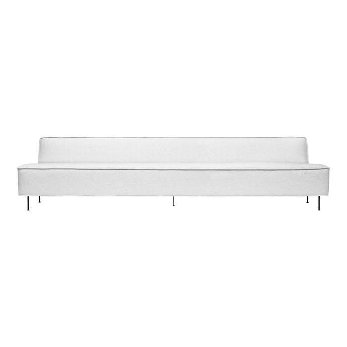 Sleek white sofa with minimalist design and clean lines, featuring a smooth, soft fabric texture.