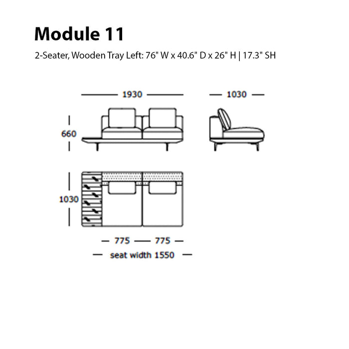 "2-seater module in neutral tones with geometric wooden pattern accents, perfect for modern living spaces."