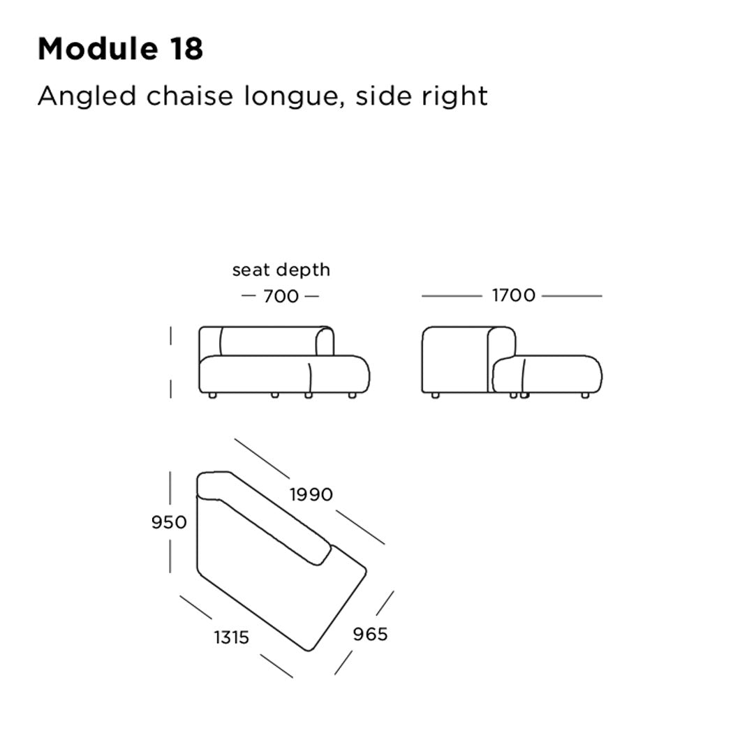 "Side view of angled chaise longue in neutral gray with smooth upholstery and minimalist design."