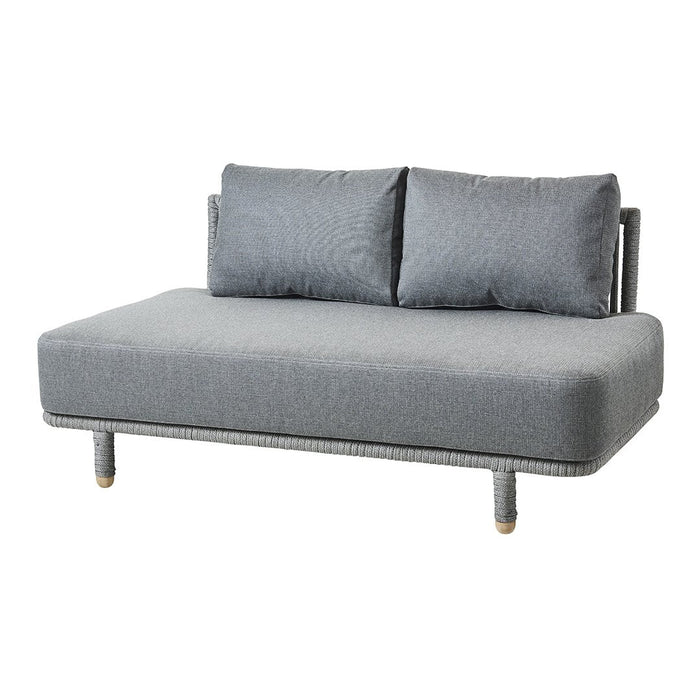 Gray couch with smooth fabric and two plush cushions, featuring a modern minimalist design. Ideal for stylish spaces.