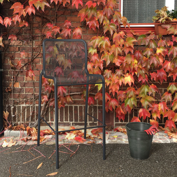Black metal bar stool against a backdrop of vibrant red and orange autumn leaves.