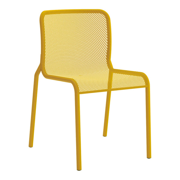 Bright yellow mesh chair with a minimalist design and sleek lines, perfect for modern outdoor or indoor decor.