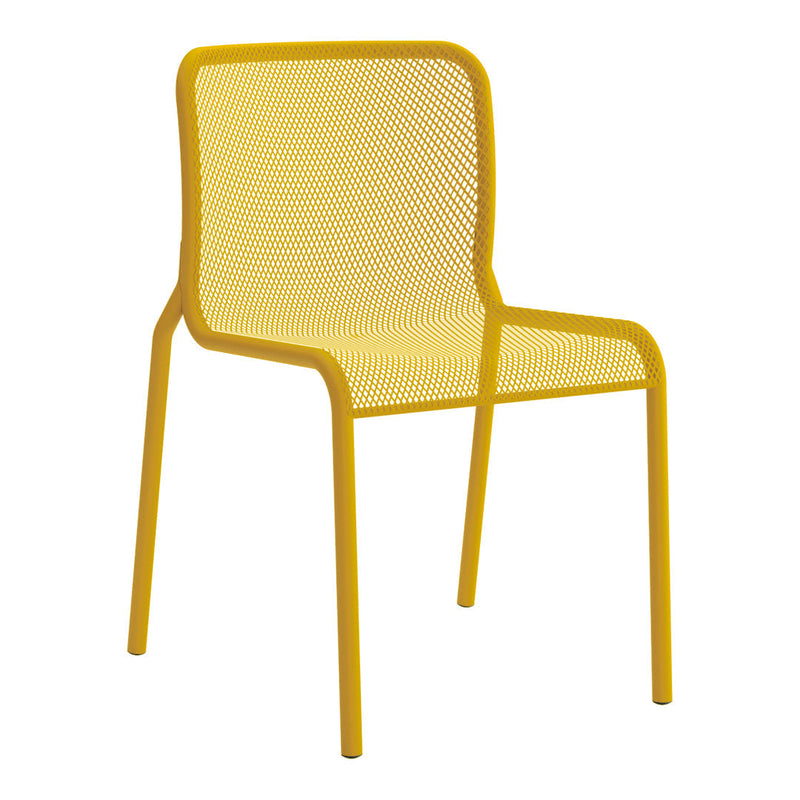 Bright yellow mesh chair with a minimalist design and sleek lines, perfect for modern outdoor or indoor decor.