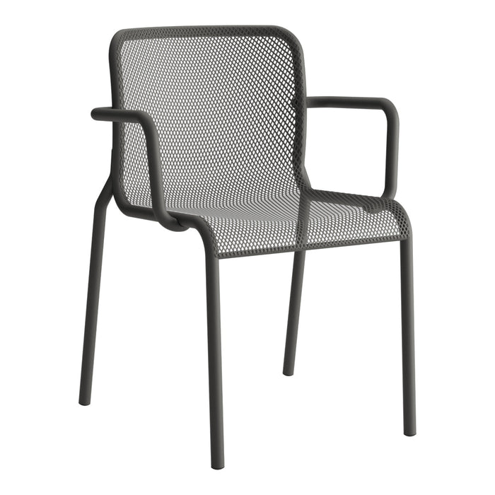 Gray mesh outdoor chair with a sleek design and open pattern, featuring black armrests and a sturdy frame.