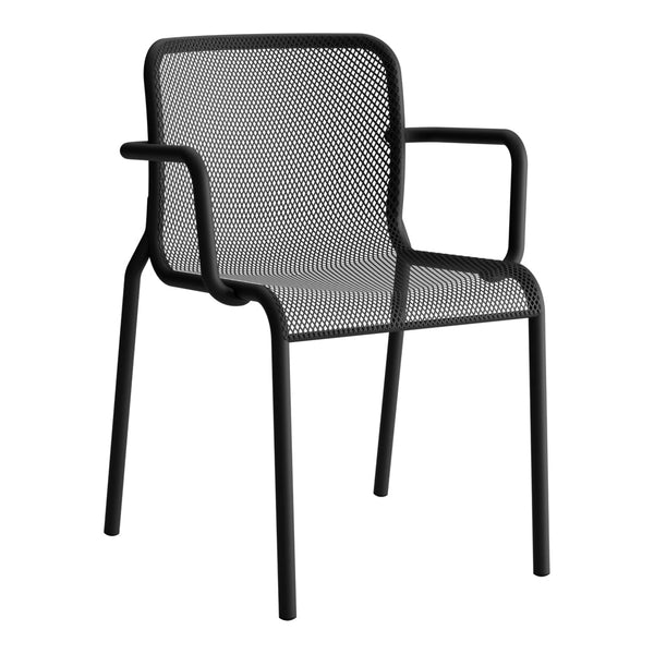 Black mesh chair with a sleek, modern design, featuring a geometric pattern and sturdy metal frame.