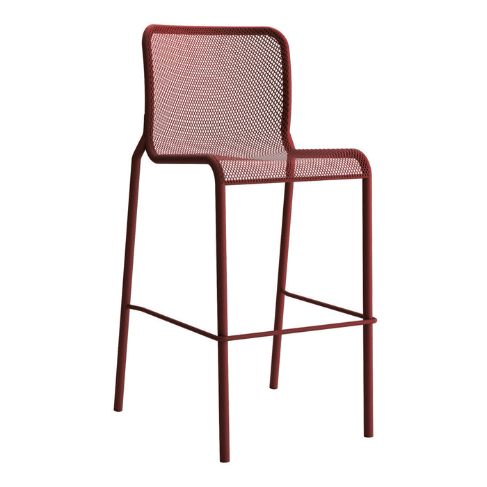 Red mesh barstool with a sleek, minimalist design and open pattern for breathability and style.