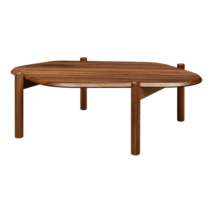 Wooden coffee table in rich brown with smooth, curved edges and simple, sturdy legs. Modern minimalist design.