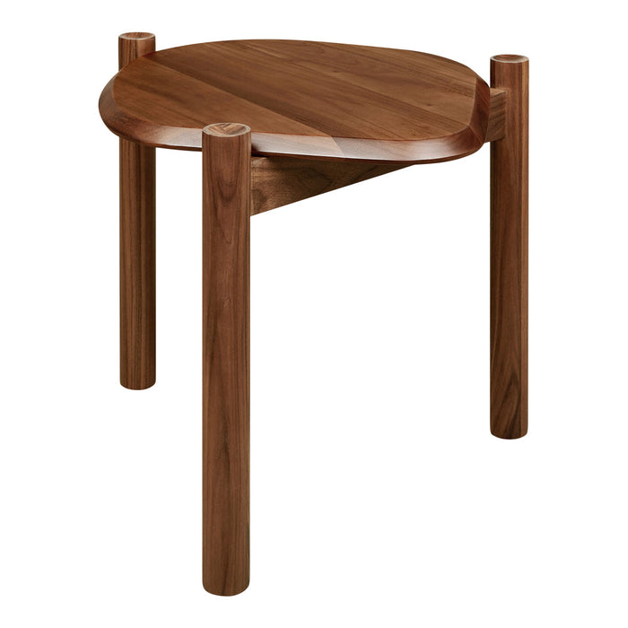 Round wooden side table with a rich walnut finish and smooth, minimalistic design. 