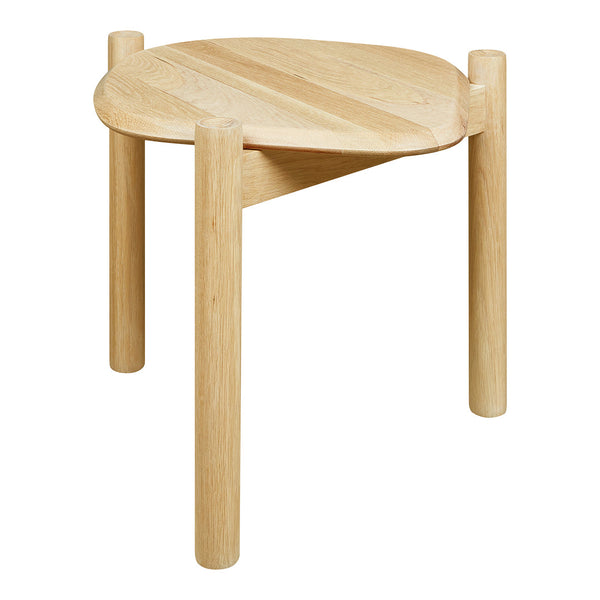 Light natural wood round side table with a unique diagonal pattern and smooth finish. Perfect for modern decor.