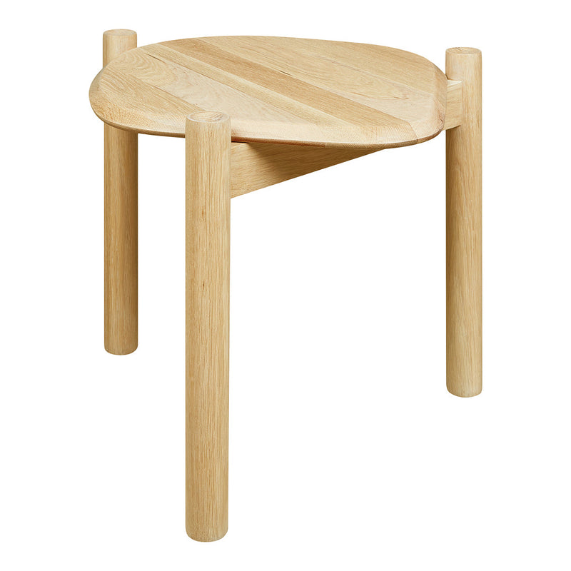 Light natural wood round side table with a unique diagonal pattern and smooth finish. Perfect for modern decor.