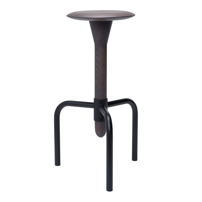 Modern bar stool featuring a dark wood top and black metal legs with a minimalist design. Ideal for contemporary decor.