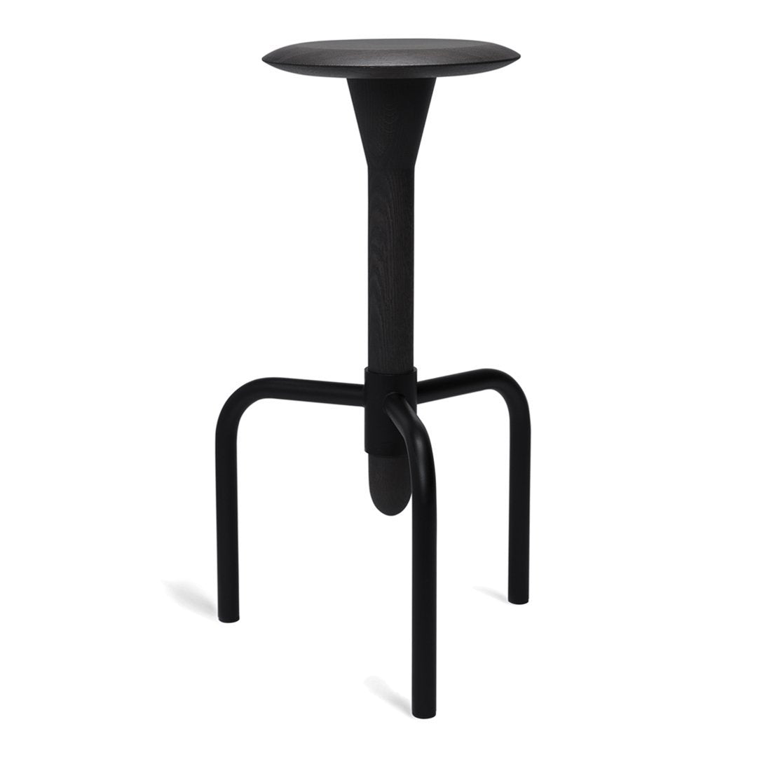 Modern black stool with a sleek, minimalist design and smooth circular top, ideal for contemporary decor.