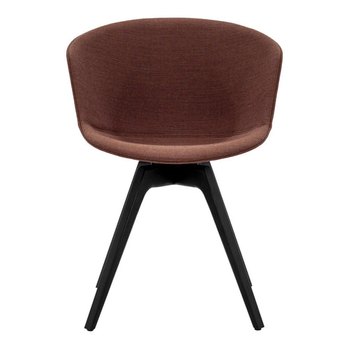 Brown upholstered chair with a textured pattern and minimalistic black wooden legs. Perfect for modern decor.