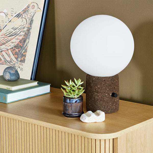 Modern white globe lamp with a brown cork base, green succulent, and textured black planter on a wooden surface.
