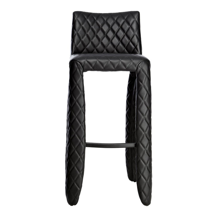 Black quilted bar stool with a sleek design and textured diamond pattern for modern aesthetics.