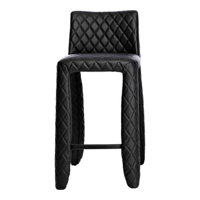 Black bar stool with diamond quilted pattern and smooth finish, perfect for modern decor.