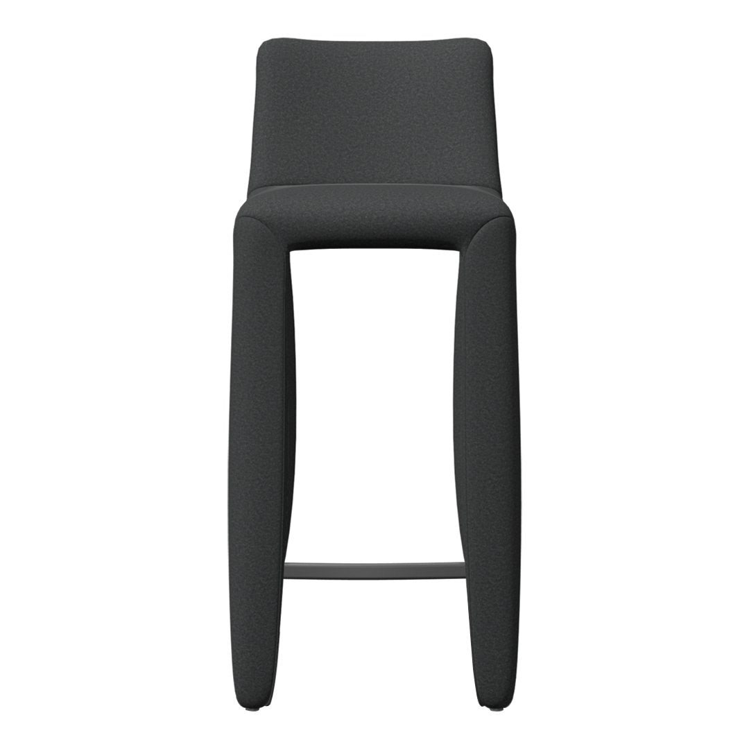 Sleek black bar stool with a minimalist design and smooth, streamlined surface. Perfect for modern decor.