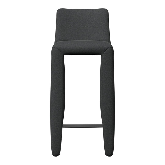 Sleek black bar stool with a minimalist design and smooth, streamlined surface. Perfect for modern decor.