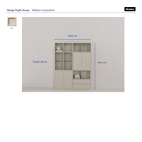 Light beige medium cabinet with a modern design, featuring a mix of open and closed shelves. Elegant and minimalistic.