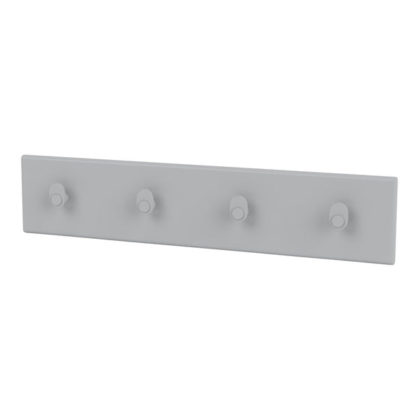 Gray wall-mounted coat rack with four rounded hooks. Sleek, modern design with a smooth matte finish.