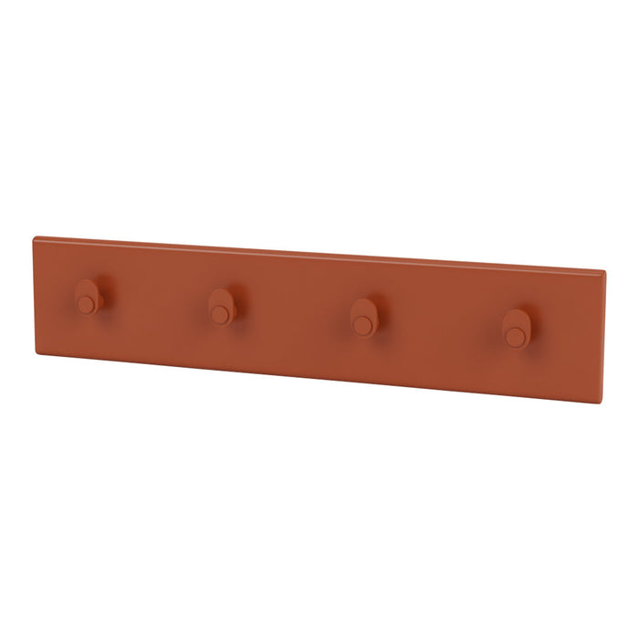 Rust-colored wall coat rack with four rounded hooks, sleek and modern design, ideal for home decor.