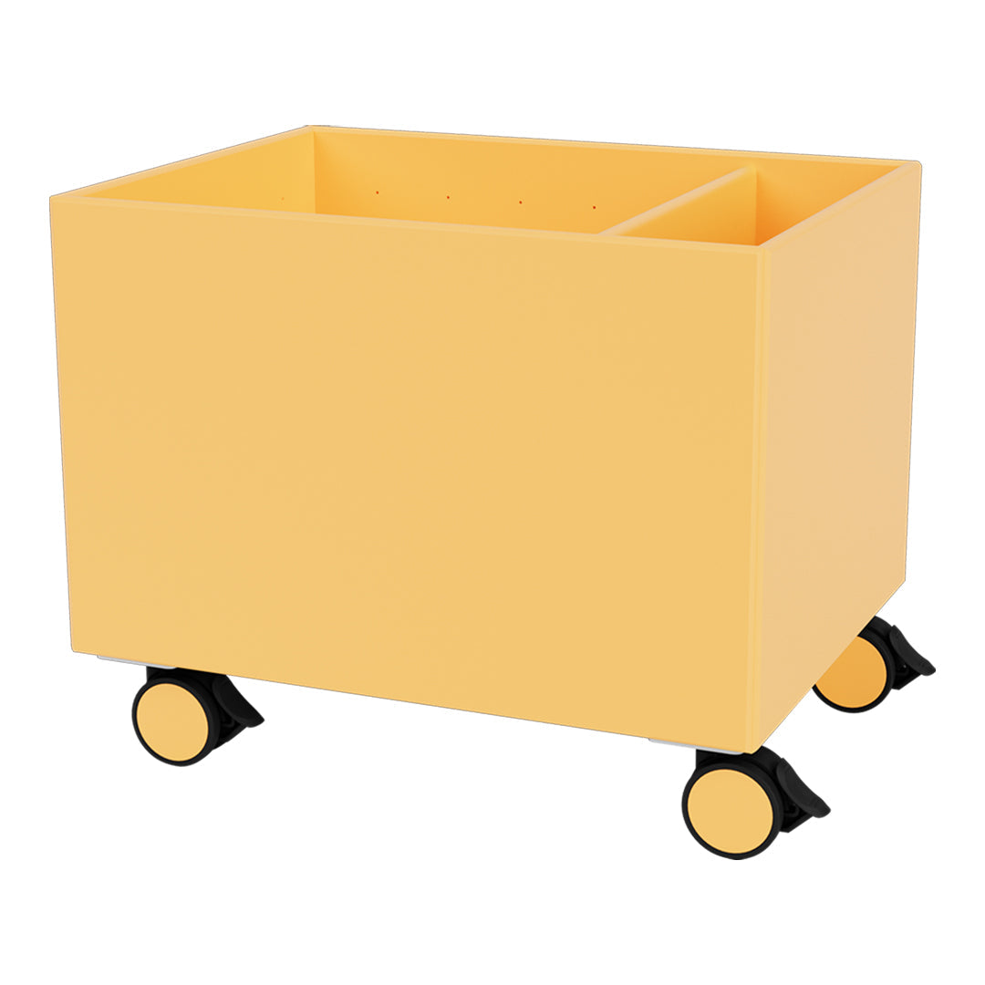 Yellow storage cart with a sleek design and black wheels for easy mobility. Perfect for organizing any space.