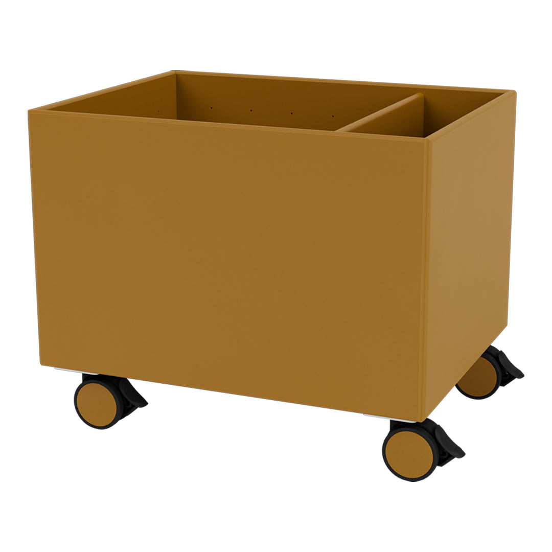 "Mustard yellow storage cart on wheels with a sleek, minimal design and black accents, perfect for home organization."
