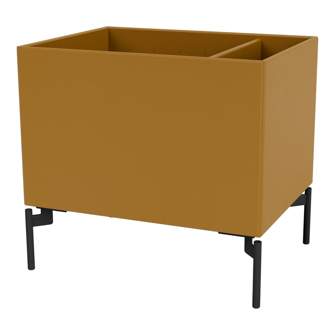 Modern two-compartment planter in warm mustard yellow with sleek black metal legs.