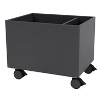 Gray storage bin with a sleek matte finish and four black wheels for easy mobility. Perfect for organized spaces.