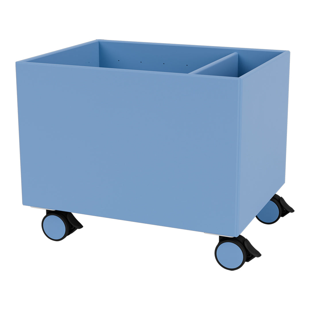 Light blue storage bin on wheels, featuring a smooth finish and a simple rectangular design. Ideal for organizing.