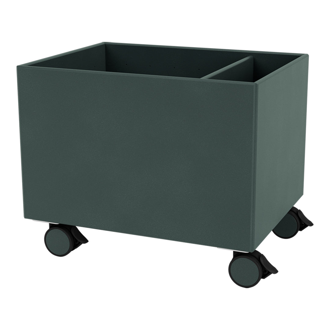 Dark green storage bin with a smooth matte finish and black wheels, featuring a minimalist design and no patterns.