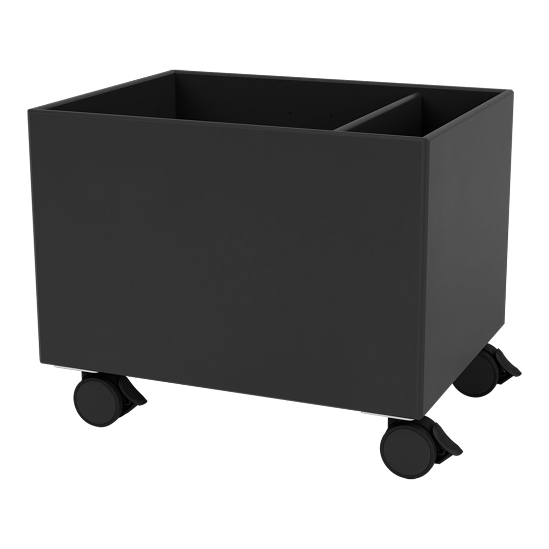 Black storage bin on wheels with a sleek, modern design and two compartments for versatile organization.