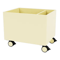 Cream-colored storage bin on wheels with a minimalistic design and two compartments for organization.