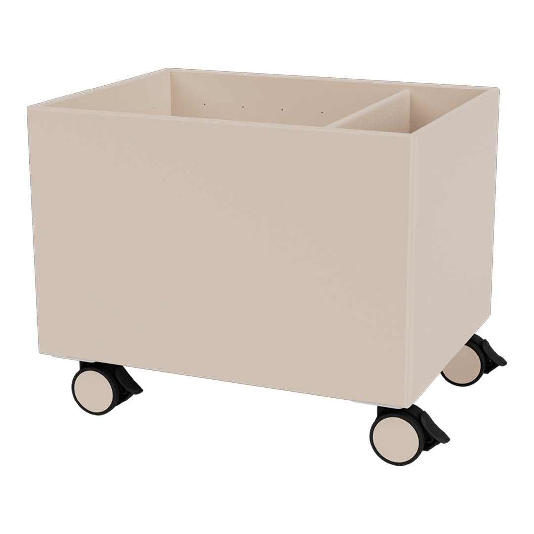 Beige storage bin on wheels with a sleek design and a smooth matte finish. Ideal for modern décor.