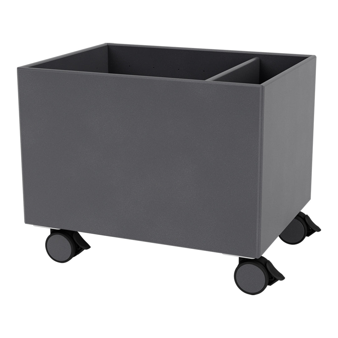 Gray storage cart with a smooth matte finish and four black wheels. Features a divided interior for organization.