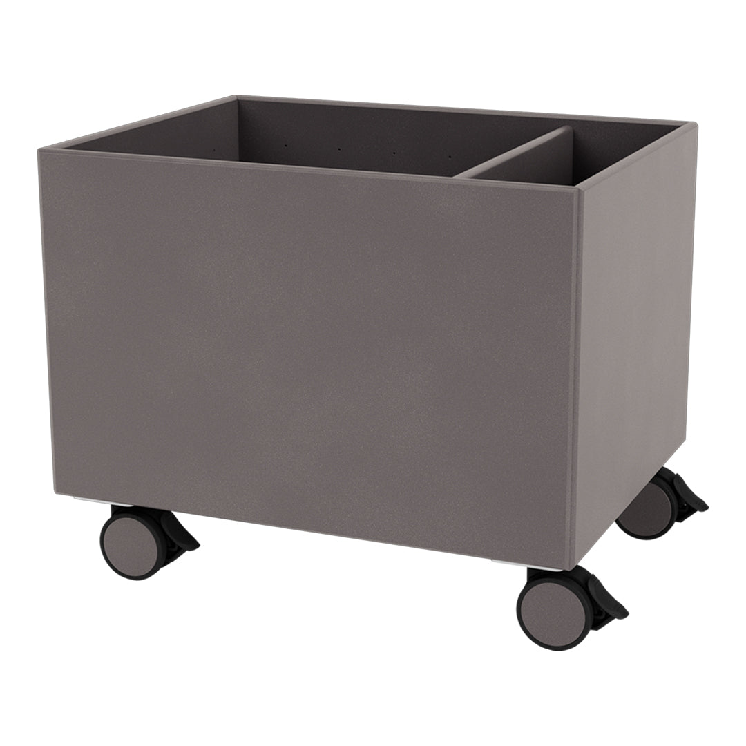 Gray storage cart on wheels with a smooth, matte finish and modern design. Ideal for organizing any space.