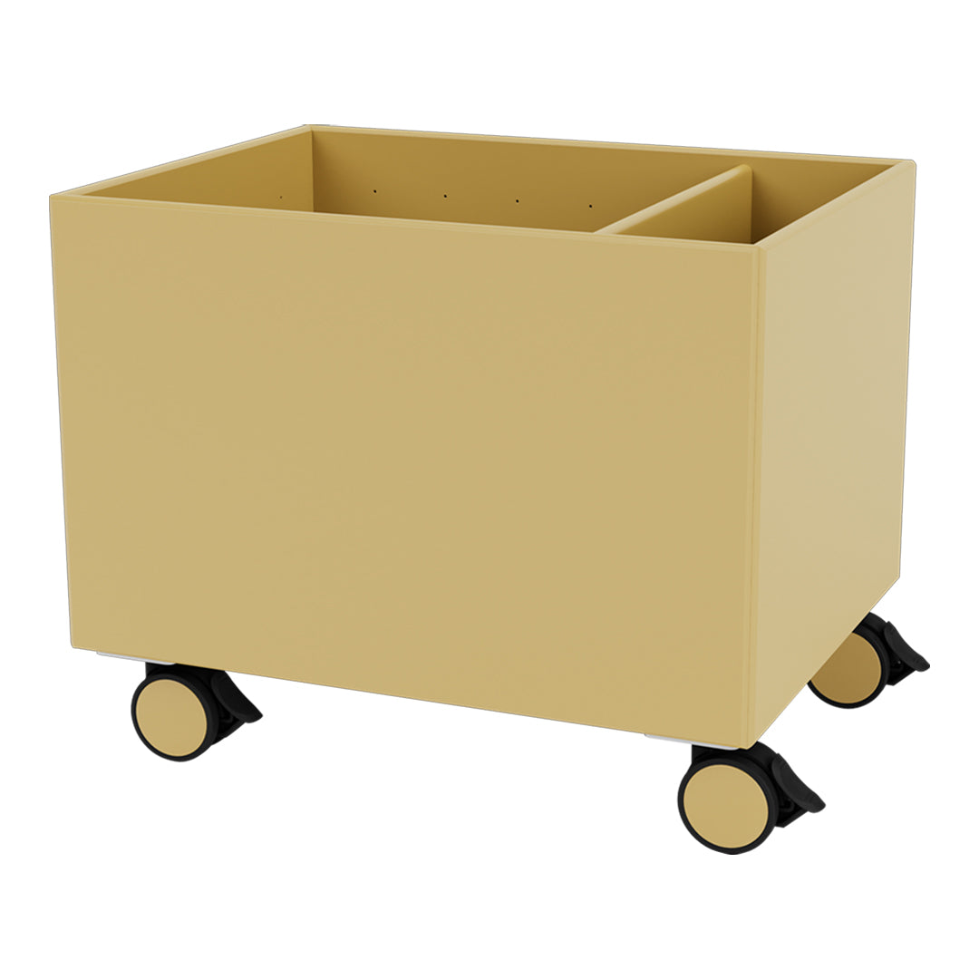 Yellow storage bin on wheels with a simple, sleek design and two compartments for organization.