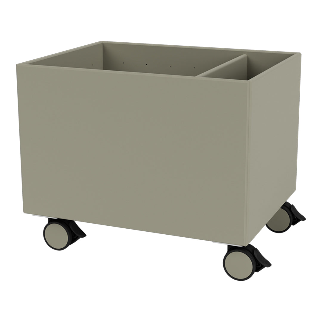 Gray storage cart on wheels with a minimalist, modern design featuring a smooth, matte finish.