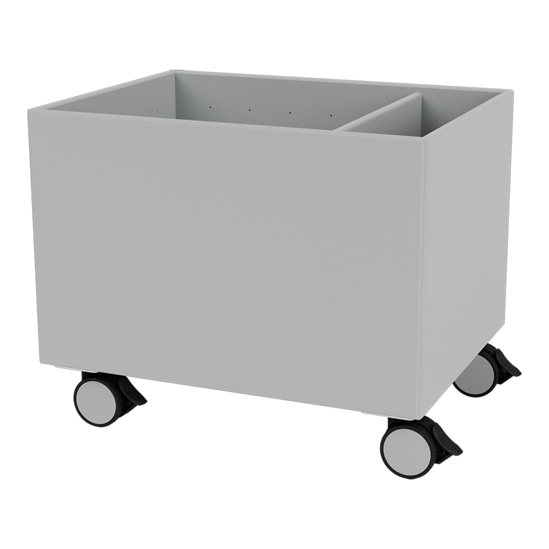 Gray storage cart with a smooth finish and black wheels, featuring a simple, modern design for versatile use.