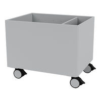 Gray storage cart with a smooth finish and black wheels, featuring a simple, modern design for versatile use.