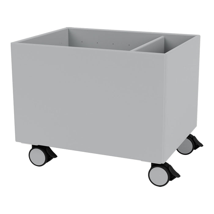 Gray storage cart with a smooth finish and black wheels, featuring a simple, modern design for versatile use.