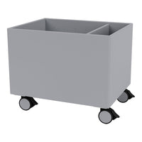Gray storage bin with a sleek design, featuring two compartments and smooth black wheels for easy mobility.