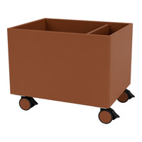 Brown storage cart on wheels with a simple, modern design and two compartment sections for organization.